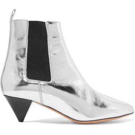 What we like best about Isabel Marant's boots is that you can slip them on with the simplest of outfits and still make a statement. Crafted in France from silver leather, they have a pointed toe and cone heel that's low enough for long days. Show yours off with mini skirts and dresses. In Silver. To buy click to link.