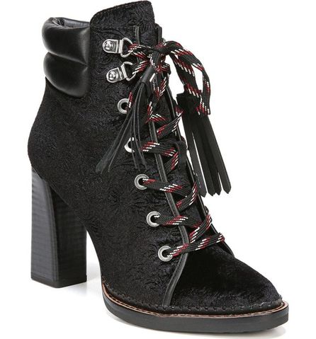 Sam Edelman Sondra Lace-Up Bootie (Women) A tall stacked heel lifts a Victorian-inspired lace-up boot updated with a quilted, padded cuff for a sporty finishing touch. In Black Velvet. To buy, click to link.