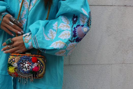 blue boho dress jewelry purse 